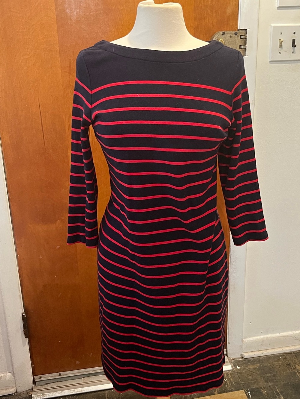 Talbots Women's Striped Dress Navy Blue/Red Size Small 3/4 Sleeve Boat Neck